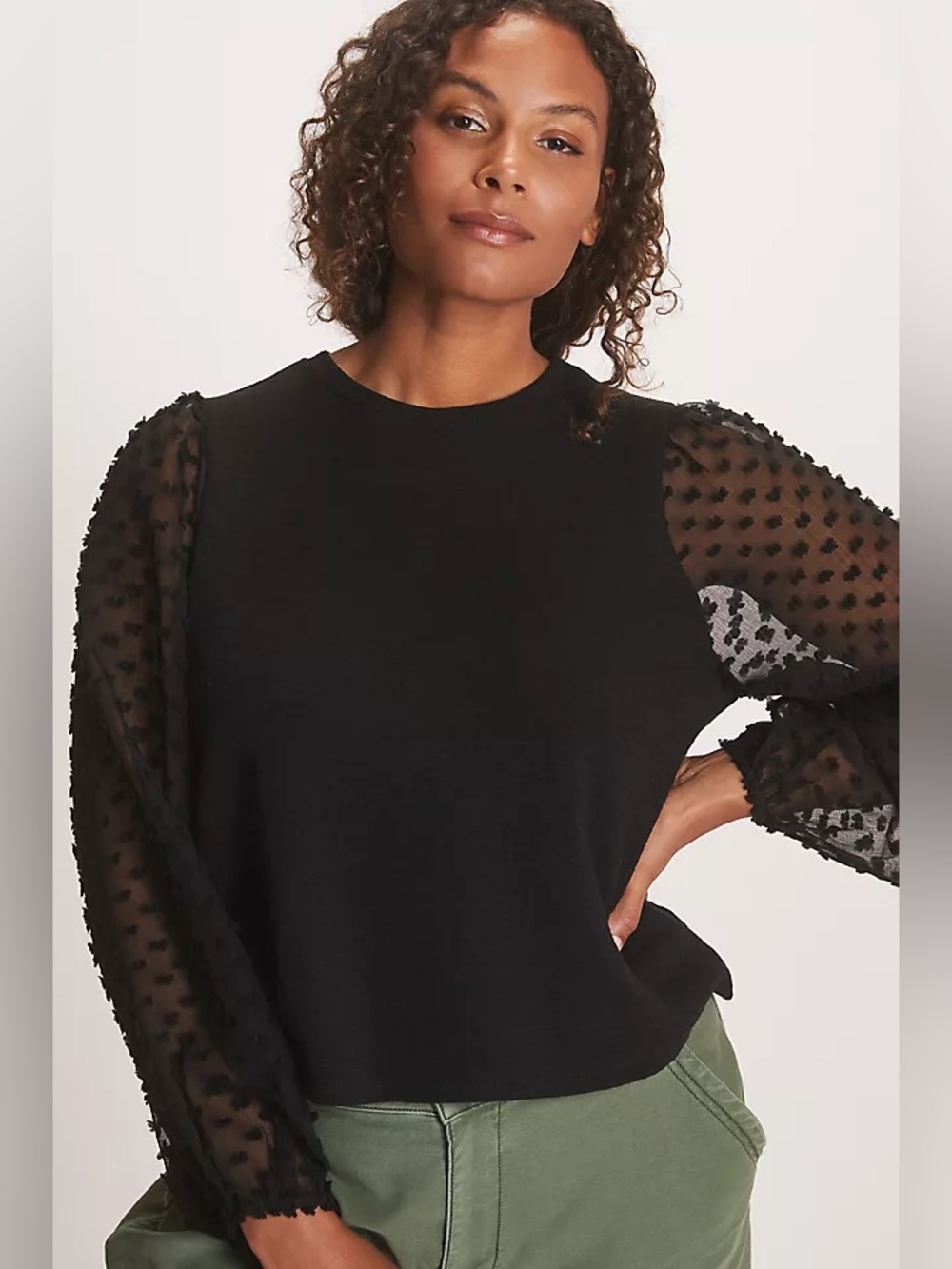 Anthropologie Maeve | Black Swiss Dot Sheer Sleeve Knit Lightweight Sweater Top